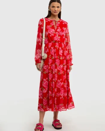 Rochie evazata cu imprimeu floral Malini, Rosu