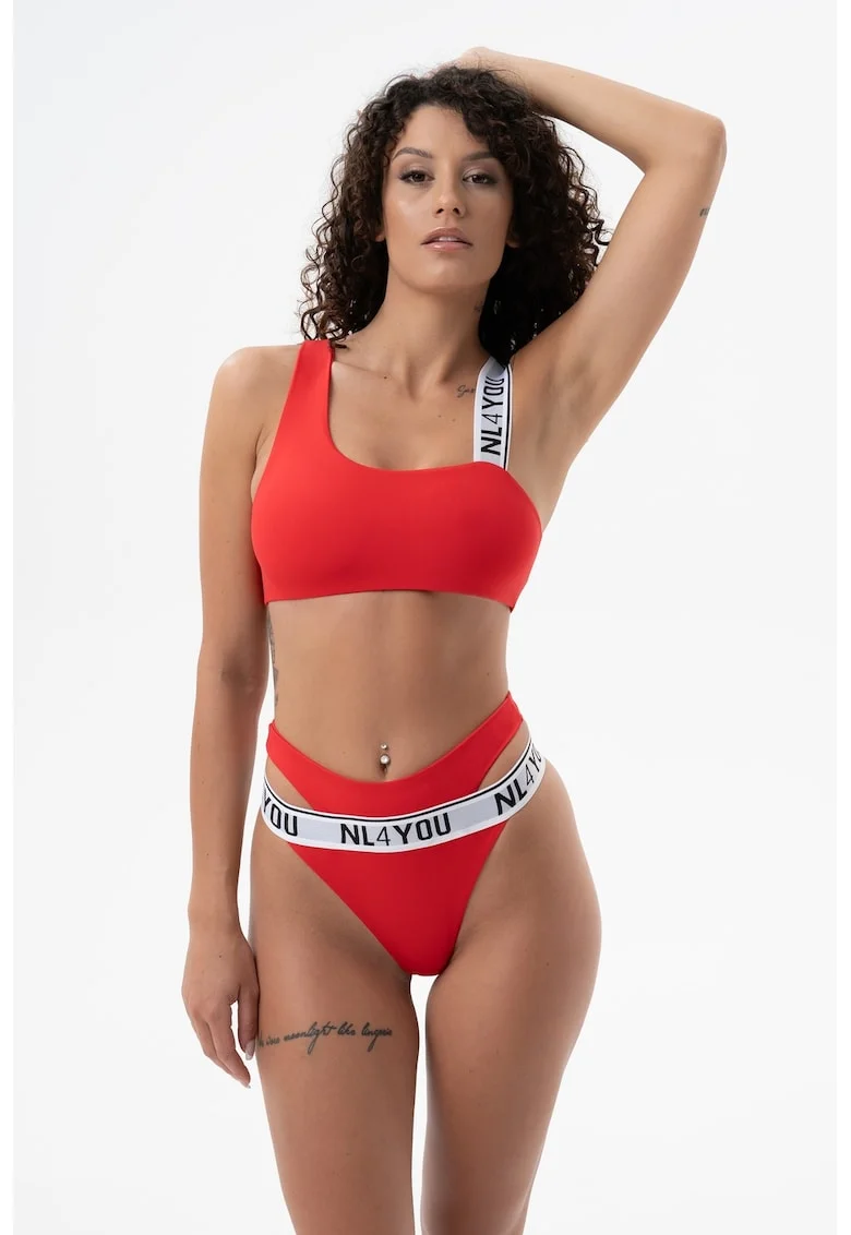 Costum de baie din doua piese cu logo, Caramiziu