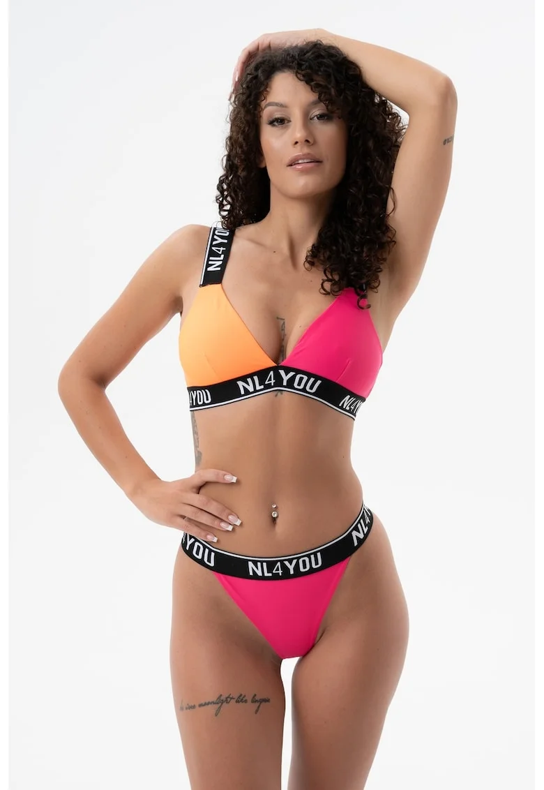 Costum de baie din doua piese cu benzi logo, Roz aprins/Portocaliu persan
