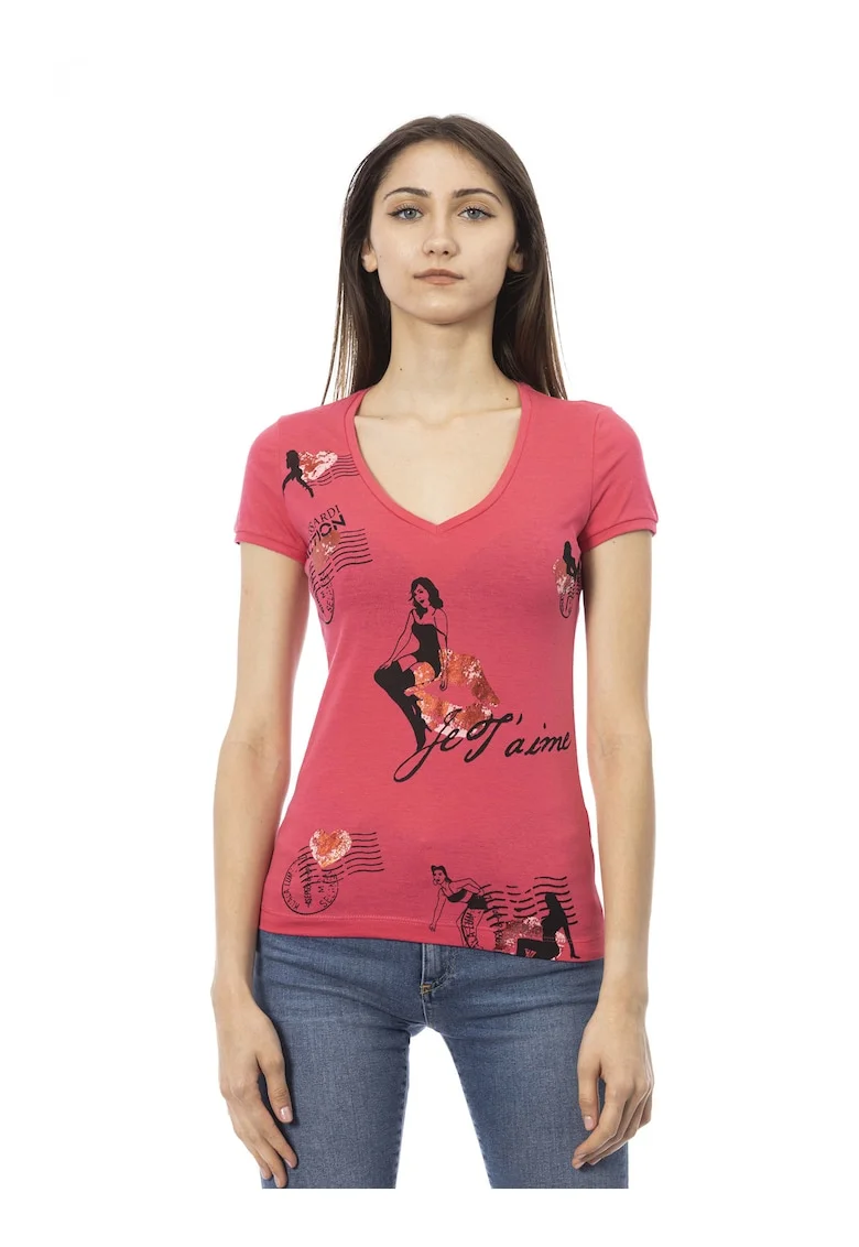 Tricou cu decolteu in V si imprimeu grafic, Rosu deschis