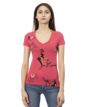 Tricou cu decolteu in V si imprimeu grafic, Rosu deschis