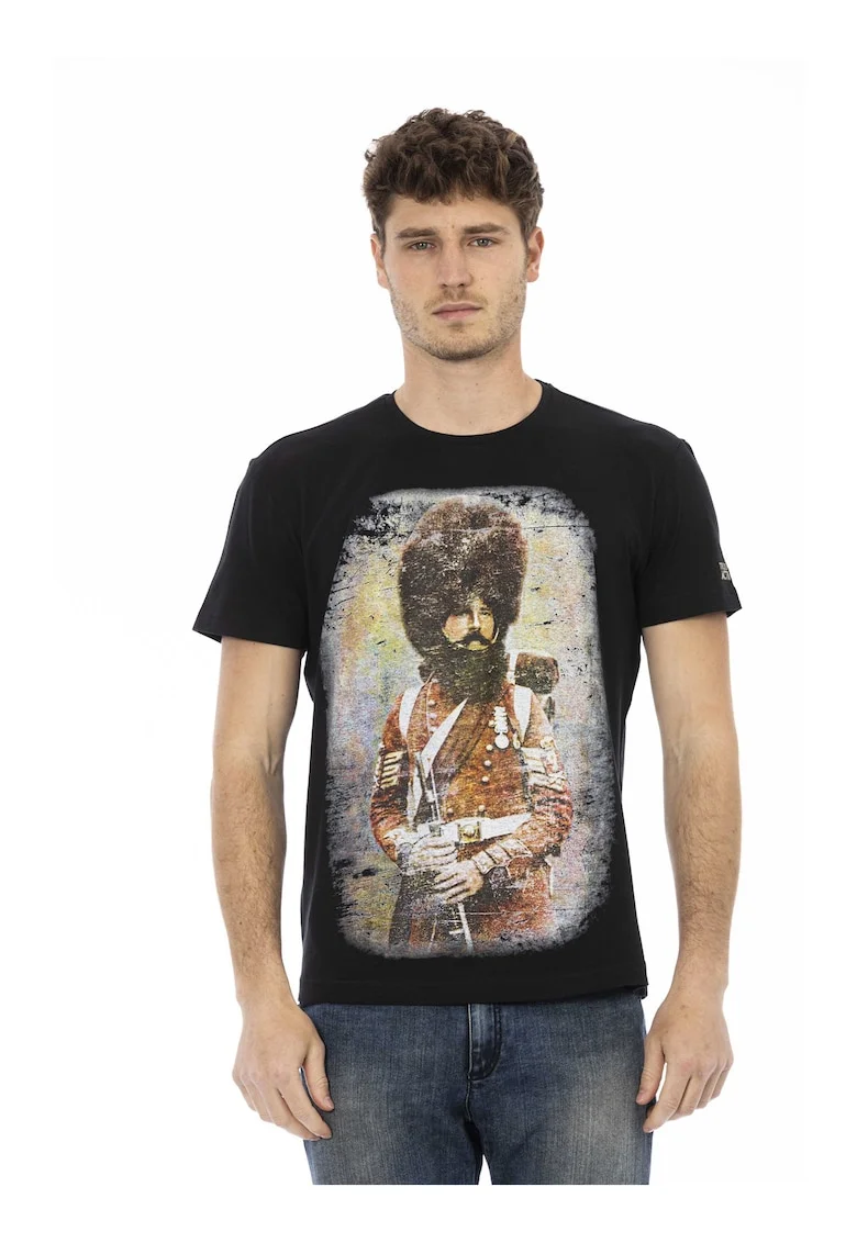 Tricou cu decolteu la baza gatului si imprimeu grafic, Negru