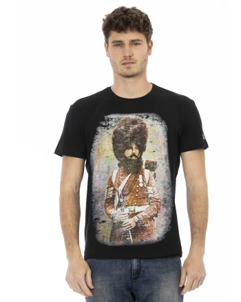 Tricou cu decolteu la baza gatului si imprimeu grafic, Negru