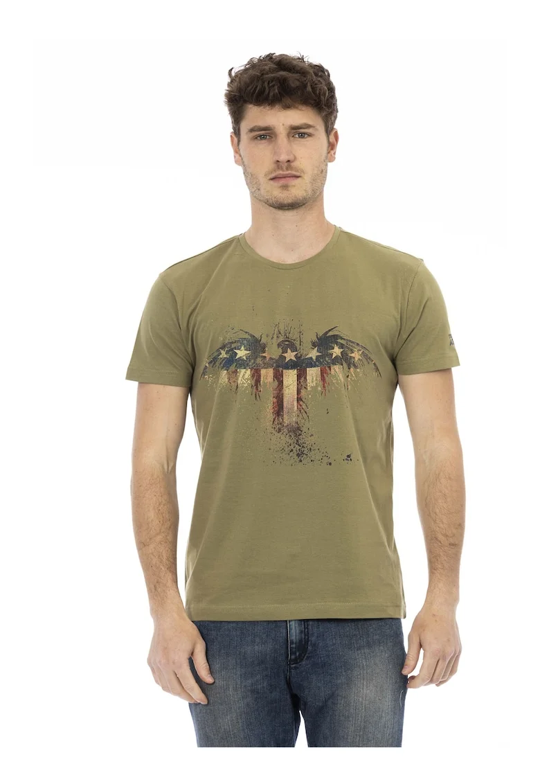Tricou cu decolteu la baza gatului si imprimeu grafic, Verde