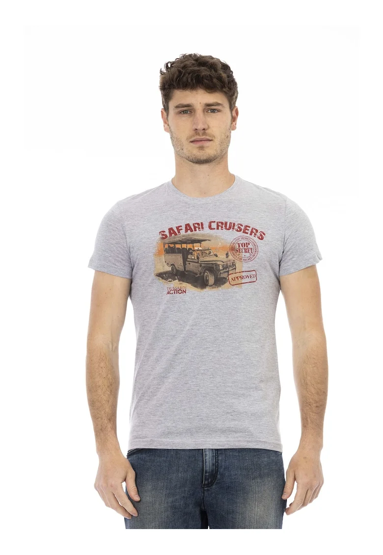 Tricou slim-fit cu decolteu la baza gatului si design, Gri