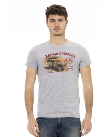 Tricou slim-fit cu decolteu la baza gatului si design, Gri