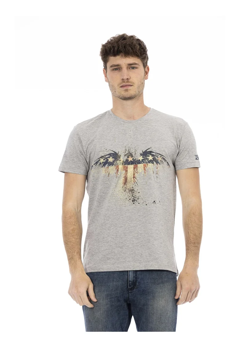 Tricou cu decolteu la baza gatului si imprimeu grafic, Gri