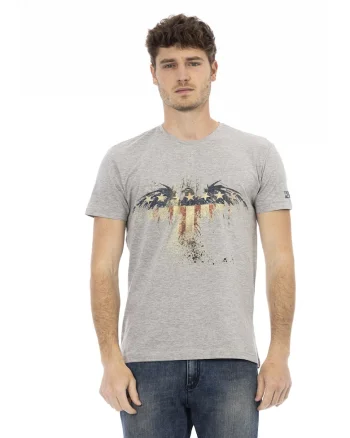 Tricou cu decolteu la baza gatului si imprimeu grafic, Gri