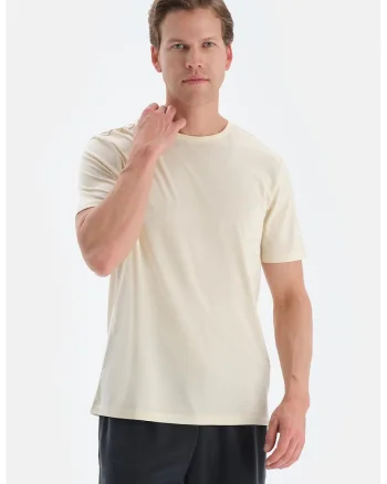 Tricou de bumbac cu decolteu la baza gatului, Crem