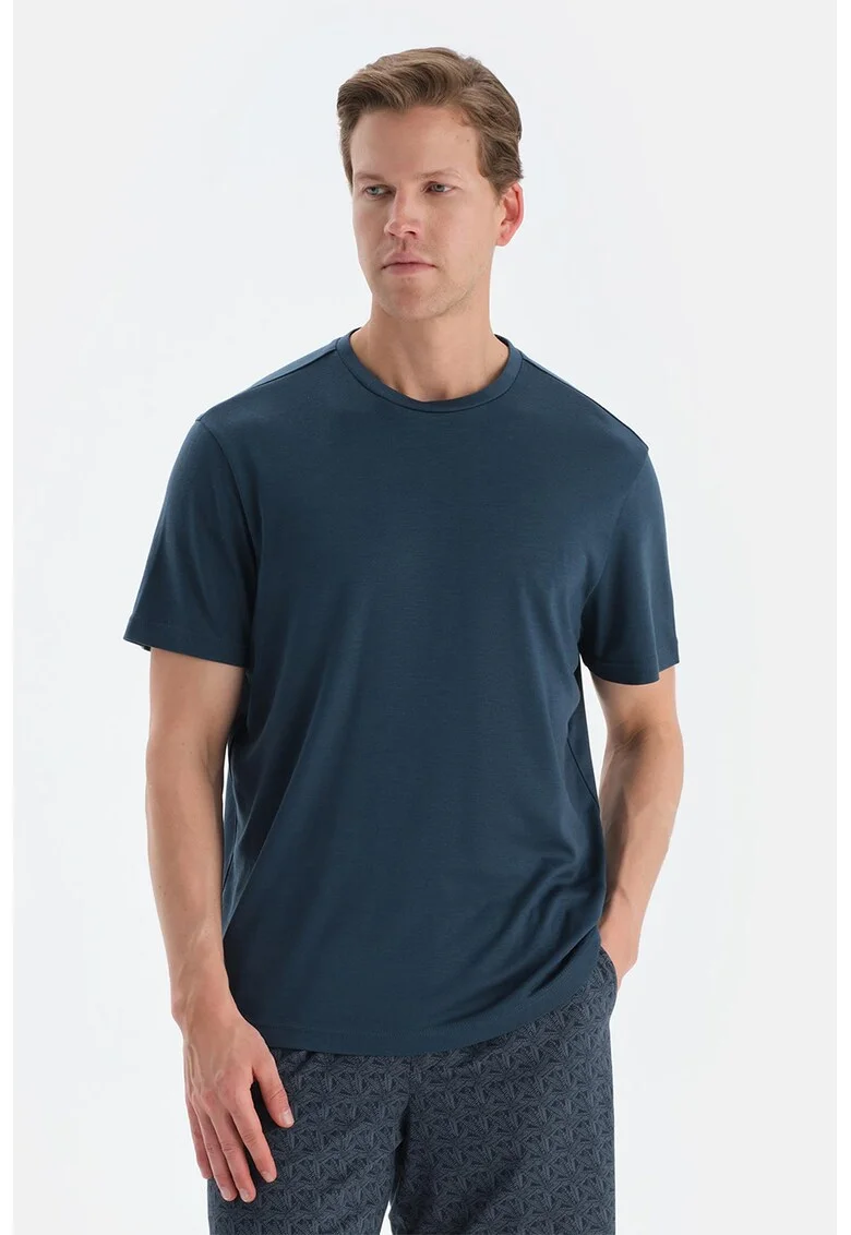 Tricou de casa din lyocell cu decolteu la baza gatului, Albastru petrol