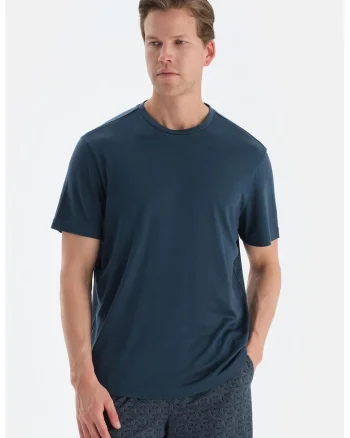 Tricou de casa din lyocell cu decolteu la baza gatului, Albastru petrol