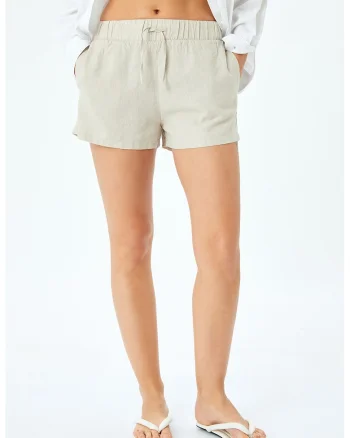 Pantaloni scurti din amestec de in cu snur de ajustare in talie, Maro nisip