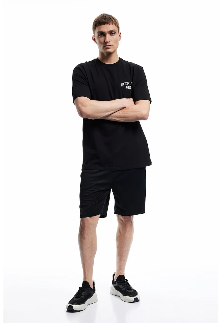 Tricou cu imprimeu pe spate si decolteu la baza gatului, Alb/Negru