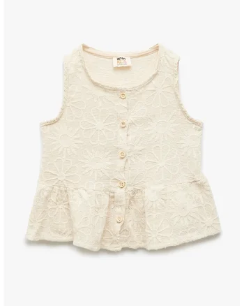 Bluza de bumbac cu decolteu rotund, Bej deschis