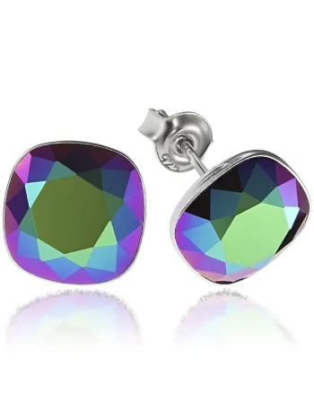 Cercei Argint 925 placat cu rodiu cu cristale Swarovski® Princess Square 10mm Scarabeus Green Surub