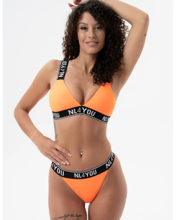 Costum de baie din doua piese cu benzi logo, Negru/Portocaliu mandarina
