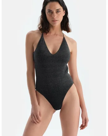 Costum de baie intreg cu decolteu in V si insertii stralucitoare, Negru