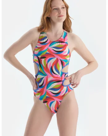 Costum de baie intreg cu model abstract, Multicolor