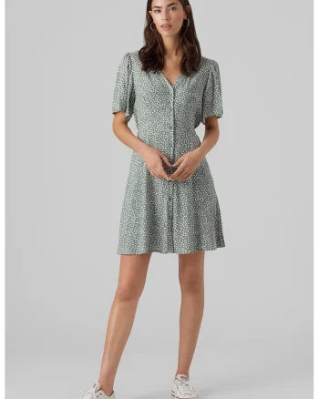 Rochie mini cu decolteu in V, Alb/Verde feriga