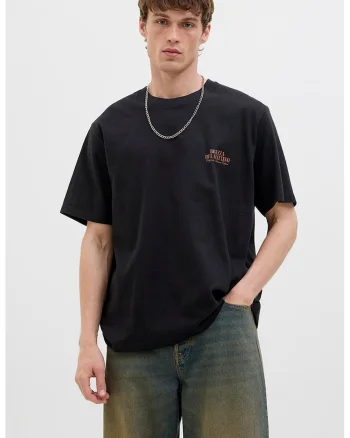 Tricou lejer de bumbac cu imprimeu foto pe partea din spate, Negru