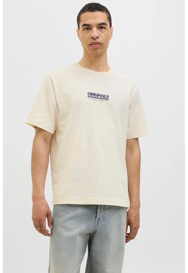 Tricou din amestec de bumbac organic cu imprimeu grafic pe partea din spate, Alb fildes/Bleumarin
