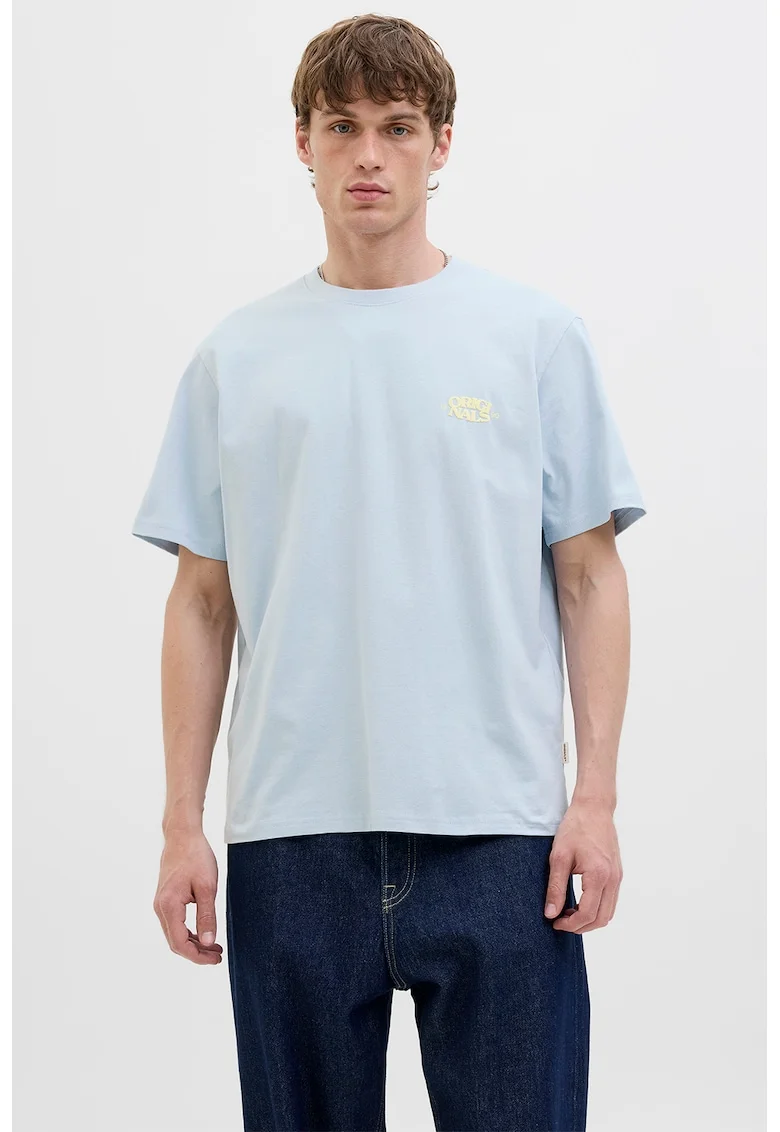 Tricou din amestec de bumbac organic cu decolteu la baza gatului, Galben/Albastru azur