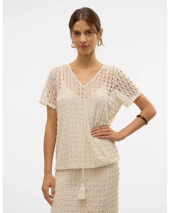 Bluza cu decolteu in V si maneci scurte, Bej