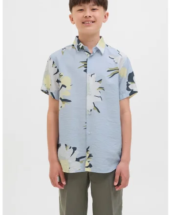 Camasa cu maneci scurte si model floral, Alb/Albastru azur