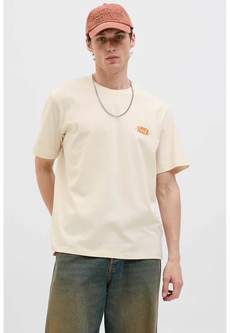 Tricou din amestec de bumbac organic cu decolteu la baza gatului, Portocaliu/Crem