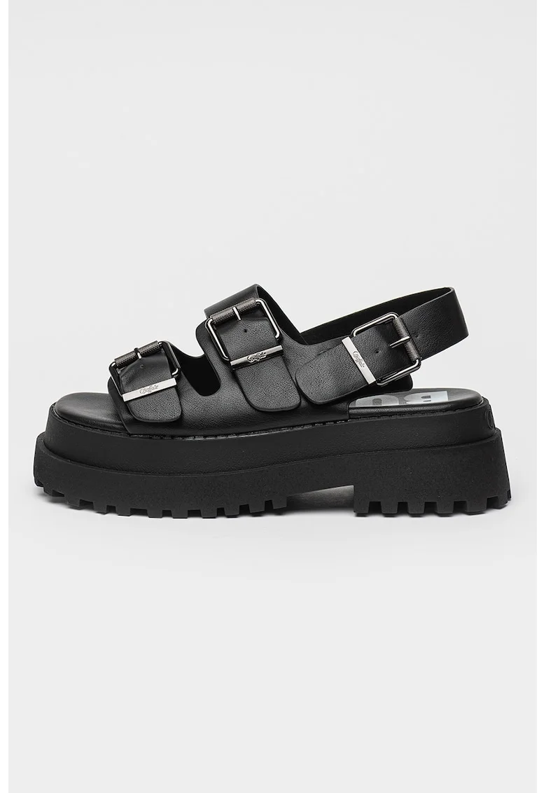 Sandale demi-wedge din piele ecologica cu catarama, Negru