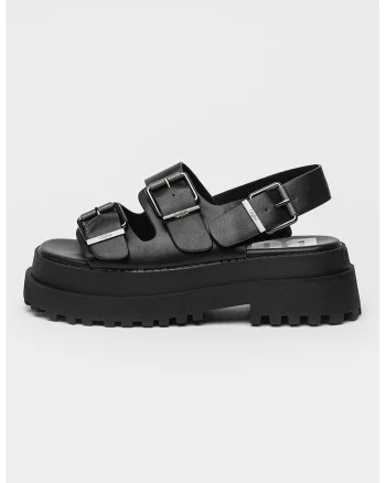 Sandale demi-wedge din piele ecologica cu catarama, Negru