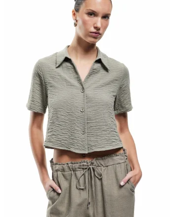 Camasa crop cu model texturat, Verde feriga