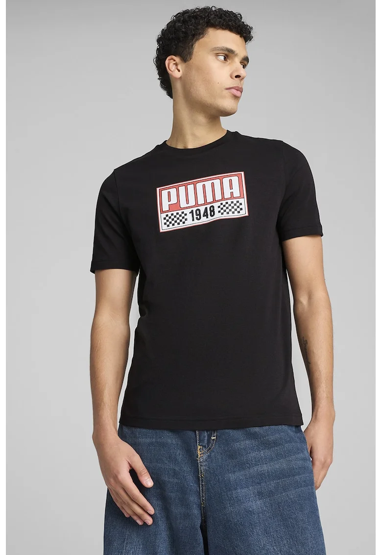 Tricou cu imprimeu si decolteu la baza gatului, Negru