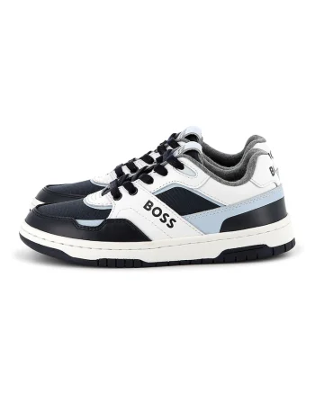 Pantofi sport din piele ecologica cu garnituri din piele, Alb/Albastru glaciar/Bleumarin