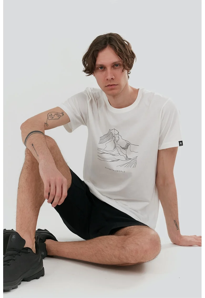 Tricou cu imprimeu si decolteu la baza gatului, Alb murdar