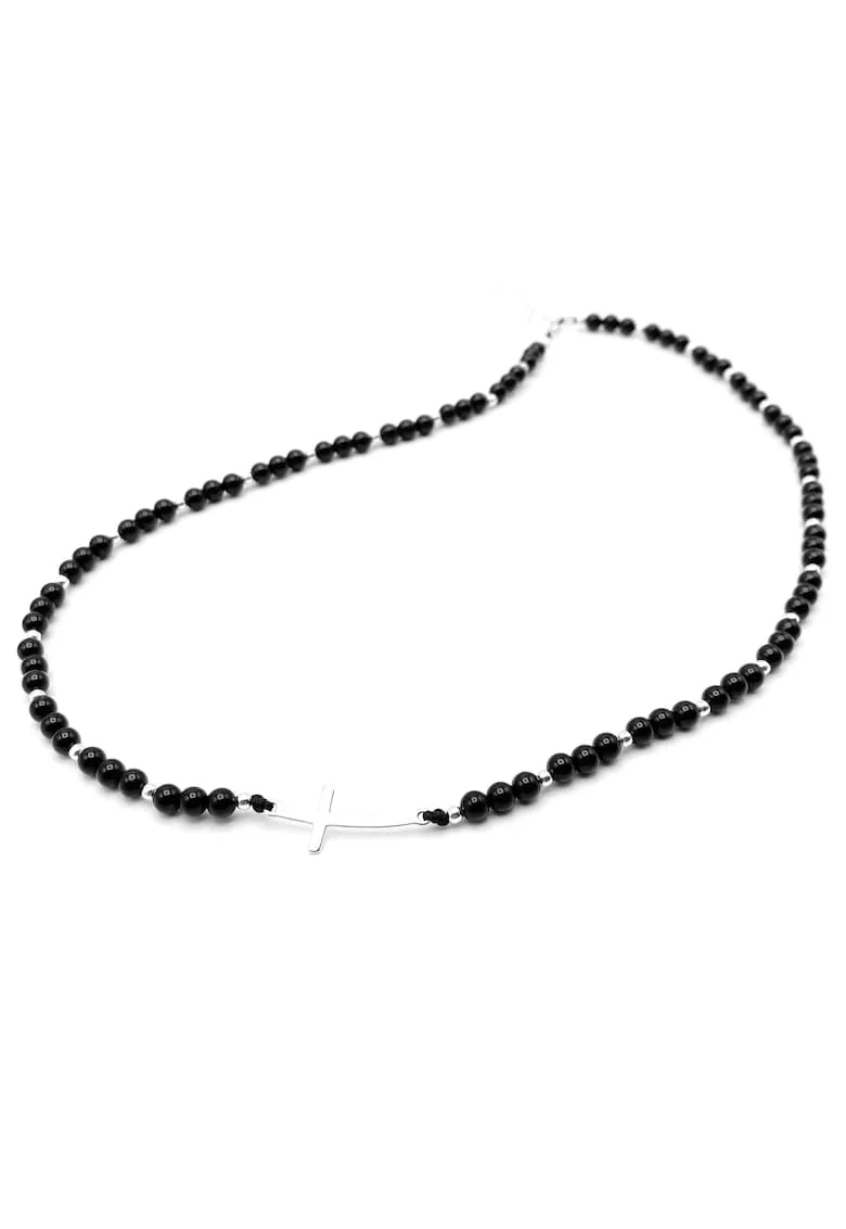 Colier cu pietre naturale Onix, bile si pandantiv Cruce din Argint 925, reglabil