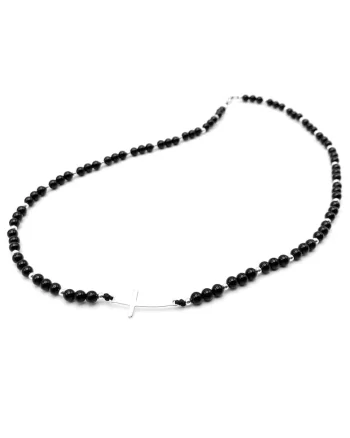 Colier cu pietre naturale Onix, bile si pandantiv Cruce din Argint 925, reglabil