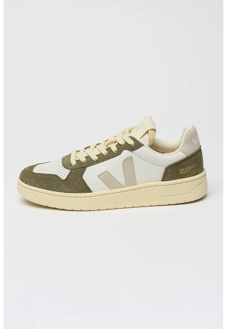 Pantofi sport low-cut de piele si piele intoarsa, Alb/Kaki deschis