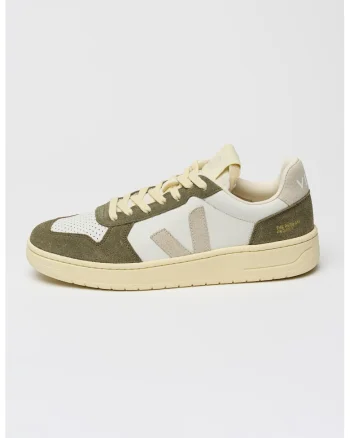 Pantofi sport low-cut de piele si piele intoarsa, Alb/Kaki deschis