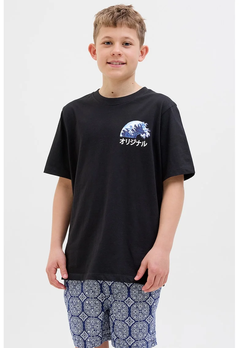 Tricou cu decolteu la baza gatului si imprimeu, Negru/Albastru