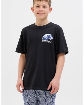 Tricou cu decolteu la baza gatului si imprimeu, Negru/Albastru