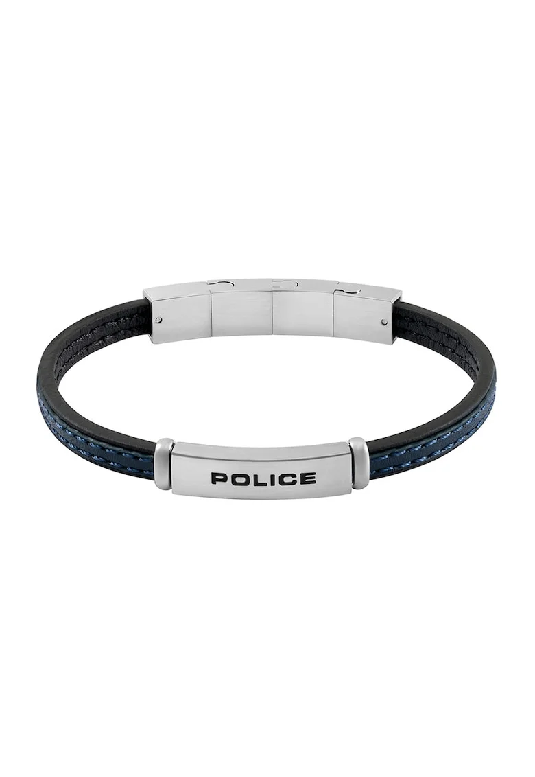 Bratara de piele cu logo, Argintiu, inchis, Negru/Albastru inchis/Argintiu