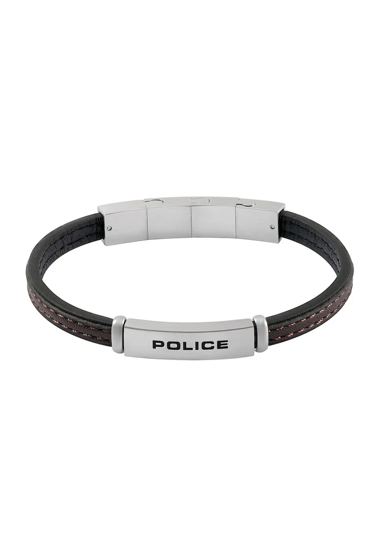 Bratara de piele cu logo, Argintiu, inchis, Maro cognac/Argintiu/Gri inchis