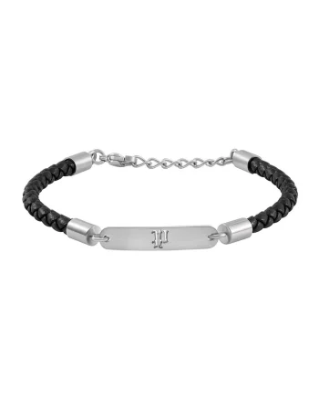 Bratara de piele cu aspect impletit, Argintiu, Negru/Argintiu