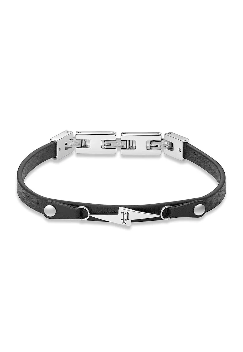 Bratara de piele cu monograma mica, Negru antracit/Argintiu