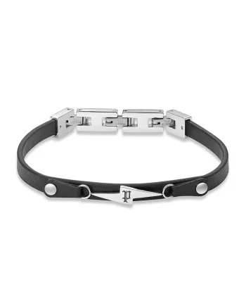 Bratara de piele cu monograma mica, Negru antracit/Argintiu