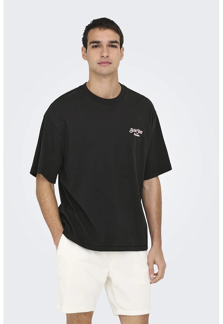 Tricou lejer cu maneci cazute si imprimeu pe partea din spate, Negru/Roz