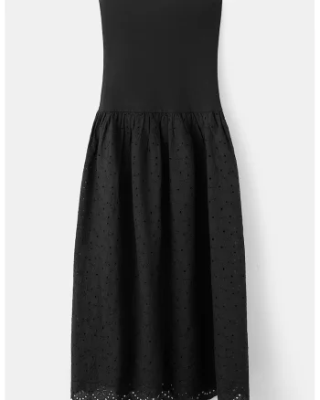 Rochie cu fusta brodata, fara maneci, Negru