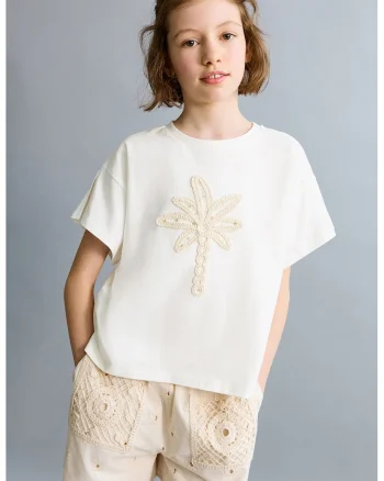 Tricou din bumbac cu broderie palmier, Alb/Bej deschis