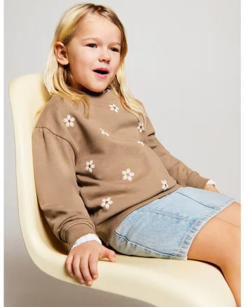 Bluza de trening din bumbac cu model floral, Maro camel